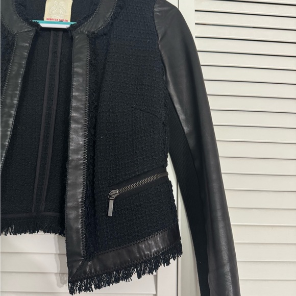 Rebecca Taylor Black Blazer Moto Jacket Lamb Leather Sleeves Work Fringe Sz 2 - Picture 5 of 7